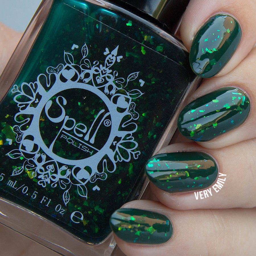 Image of ~Through the Keyhole~ jade green jelly w/iridescent flakies Spell nail polish "Dollhouse Mischief"!