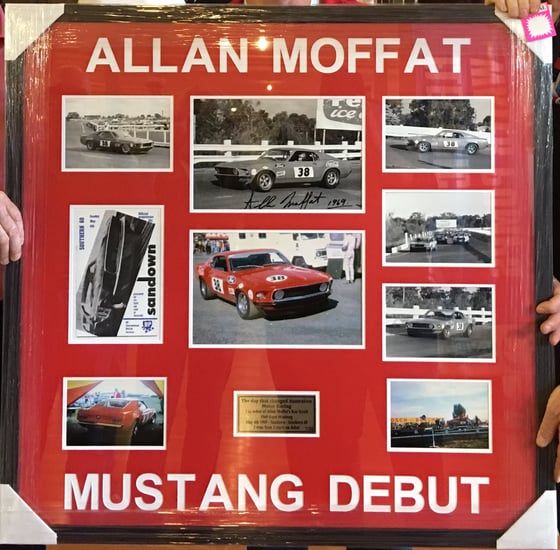 Image of Allan Moffat Trans Am Mustang debut photo frame. Autographed.