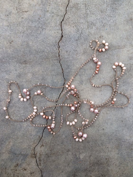 Image of Random Rose Pearls & Copper Crystal Crocheted Linen Necklace