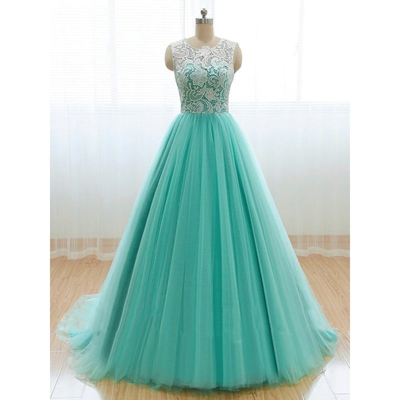 Beautiful Mint Green Tulle Ball Gown Prom Dress with Lace, Long Party