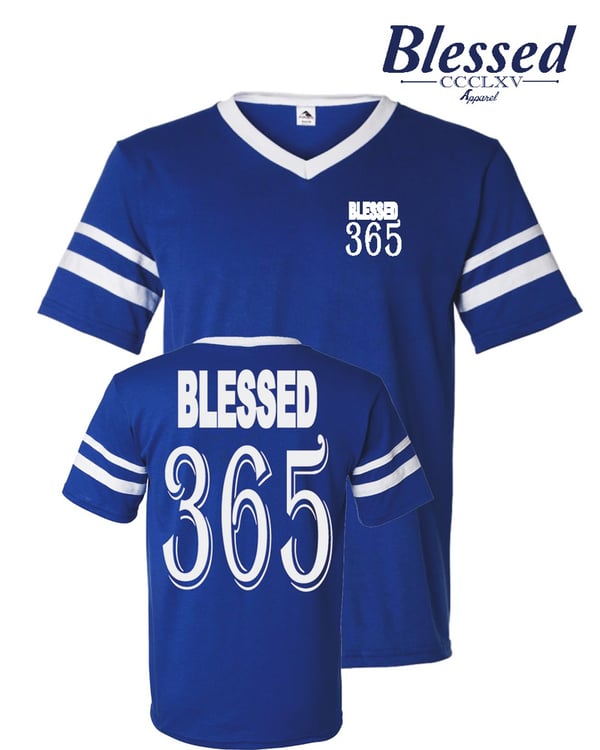 Image of Blessed 365 Striped Sleeve V-Neck - Royal Blue/White