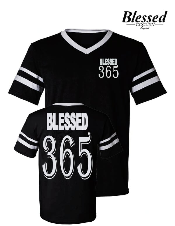 Image of Blessed 365 Striped Sleeve V-Neck - Black/White