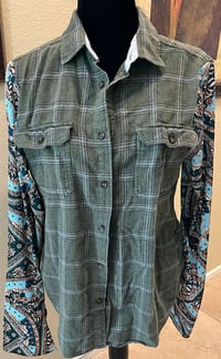 Image 3 of Vintage Funky Green Flannel Multi Print Sleeve Blue Birds