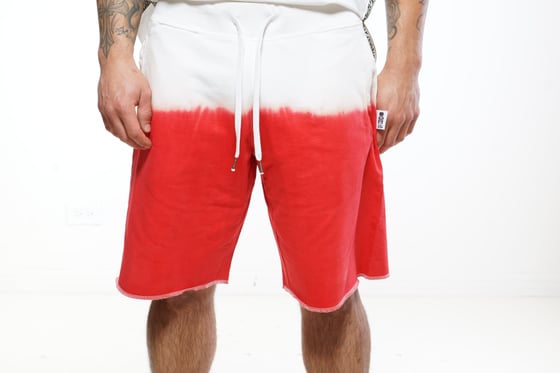 Image of Mens Dip Dye Red Raw Edge Shorts