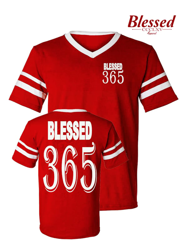 Image of Blessed 365 Striped Sleeve V-Neck - Red/White