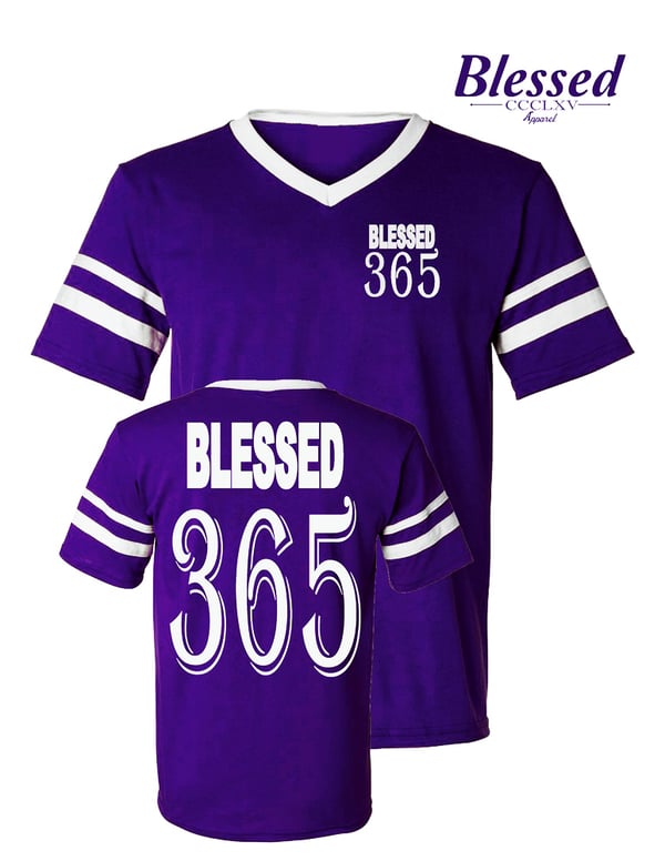 Image of Blessed 365 Striped Sleeve V-Neck - Purple/White