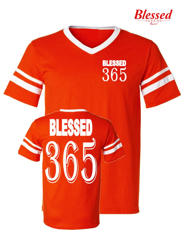 Image of Blessed 365 Striped Sleeve V-Neck - Orange/White