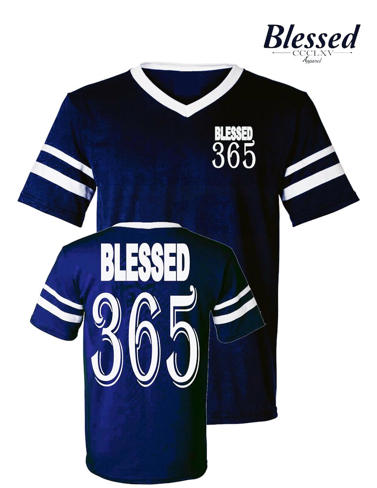 Image of Blessed 365 Striped Sleeve V-Neck - Navy Blue/White