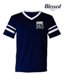 Image 2 of Blessed 365 Striped Sleeve V-Neck - Navy Blue/White
