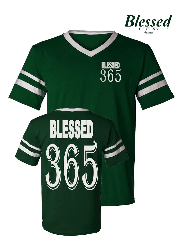 Image of Blessed 365 Striped Sleeve V-Neck - Dark Green/White