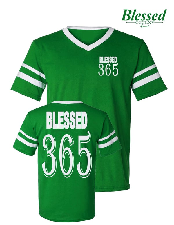 Image of Blessed 365 Striped Sleeve V-Neck - Kelly Green/White