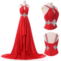 Image 1 of Charming Red Handmade Chiffon Halter Prom Dresses, Red Prom Gowns, Prom Dresses