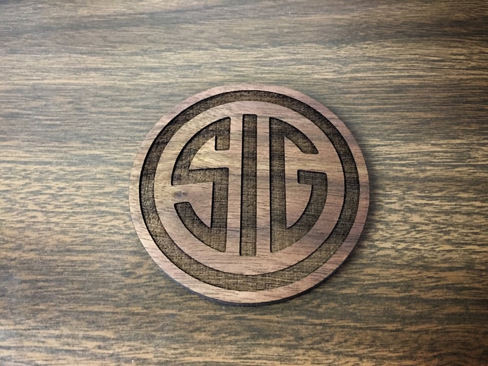 Image of Sig Laser engraved Walnut wood drink coaster set of 2