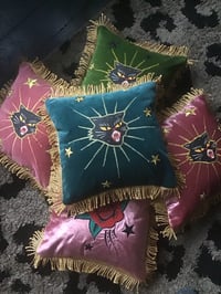 Image 2 of teal Velvet Black Cat Mini Cushion copy