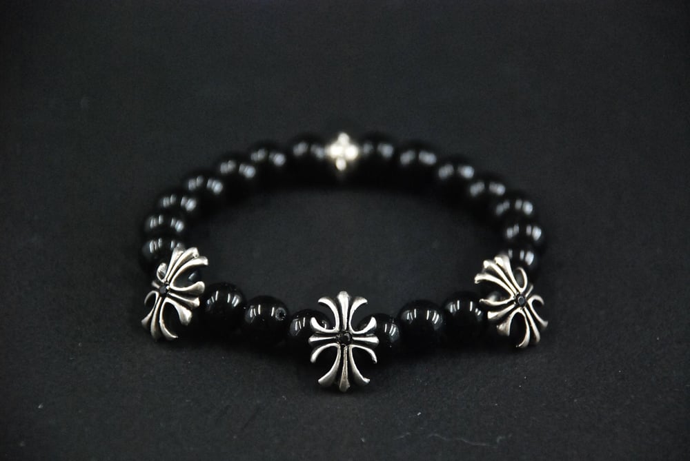 Image of Cross bracelet-Mens Bracelet-Black Star Stones-Sterling Silver Cross bracelet