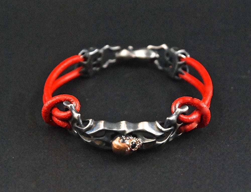 Image of Men's Skull Bracelet-Red Color Leather sterling silver skull bracelet