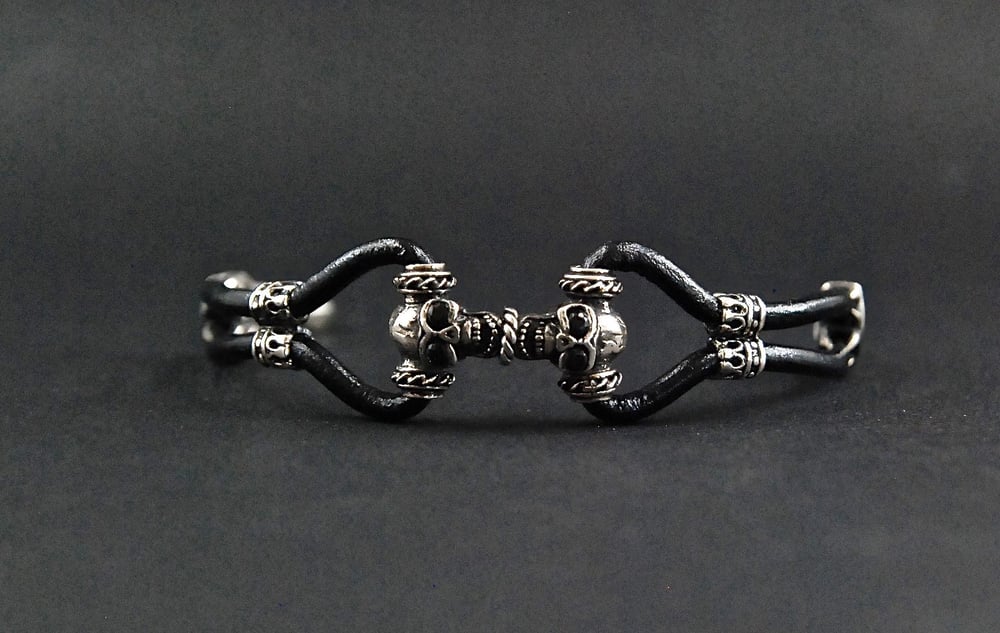 Image of Men's Skull Bracelet-Leather sterling silver skull bracelet-Black zirconia eyes skull