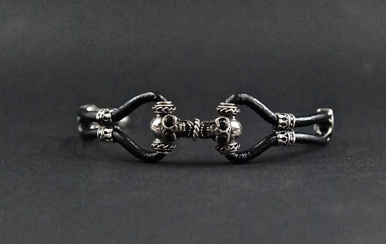 Image of Men's Skull Bracelet-Leather sterling silver skull bracelet-Black zirconia eyes skull