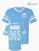 Image 5 of Blessed 365 Striped Sleeve V-Neck - Light Blue/White