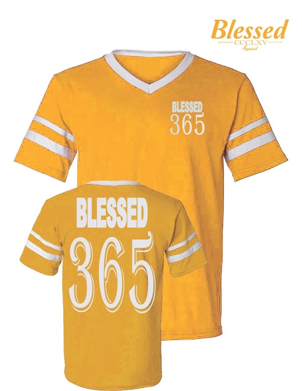 Image of Blessed 365 Striped Sleeve V-Neck - Gold/White