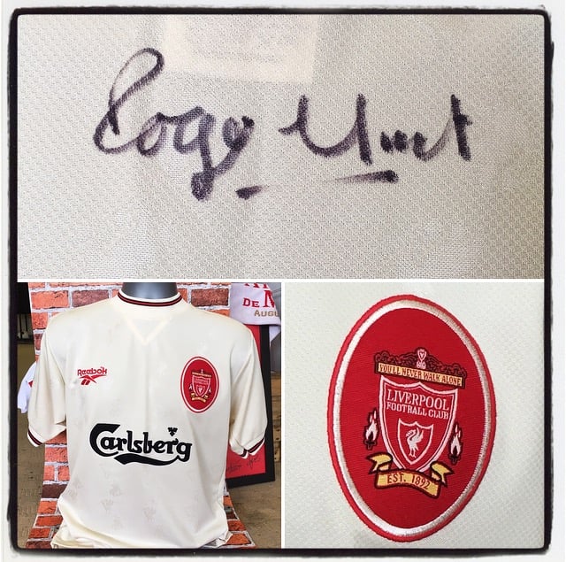 Image of LIVERPOOL 1996-97 AWAY ECRU HUNT SIGNED