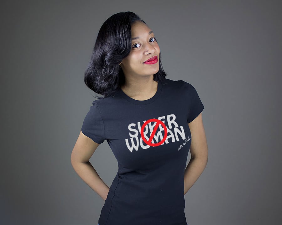 Image of NoSuperwoman Shiny Tee with metallic letters (in red, black, white, turquoise & gray)
