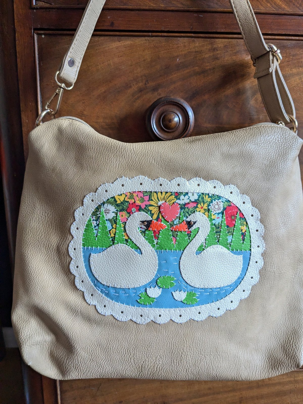 Image of Upcycled Beige Swan Lake Shoulder Bag