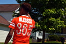 Image 5 of Blessed 365 Striped Sleeve V-Neck - Orange/White