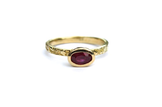 Image of 18k yellow gold ruby engagement ring with engraved rose band
