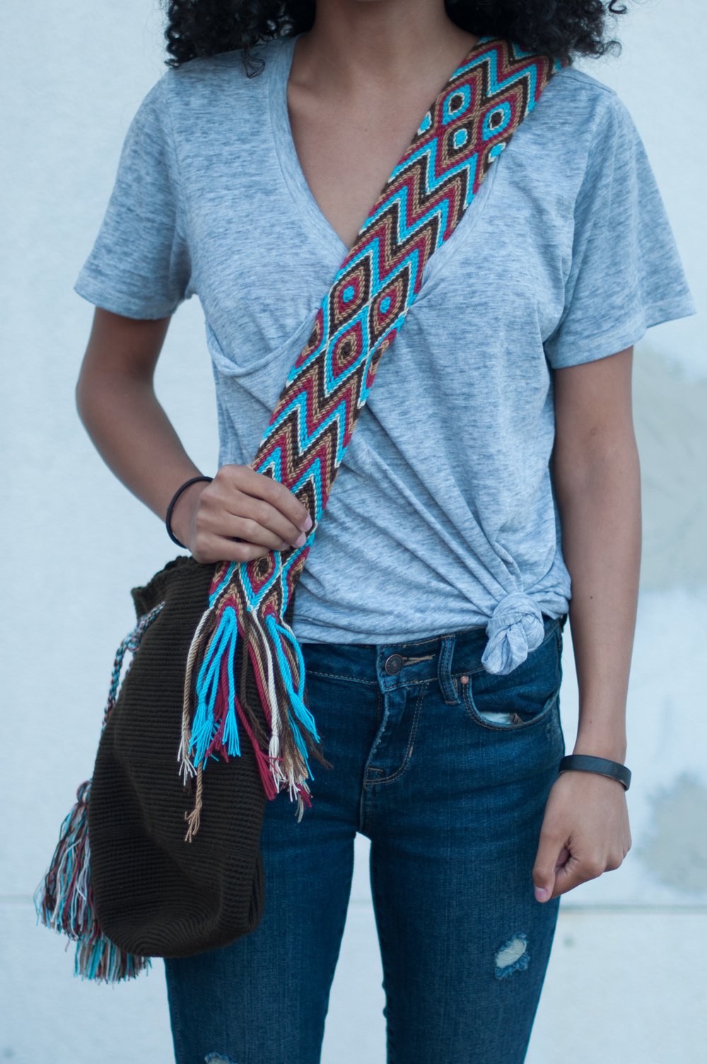 Image of Wayuu Mochila (Coffee w/ blue & tan tone strap) 