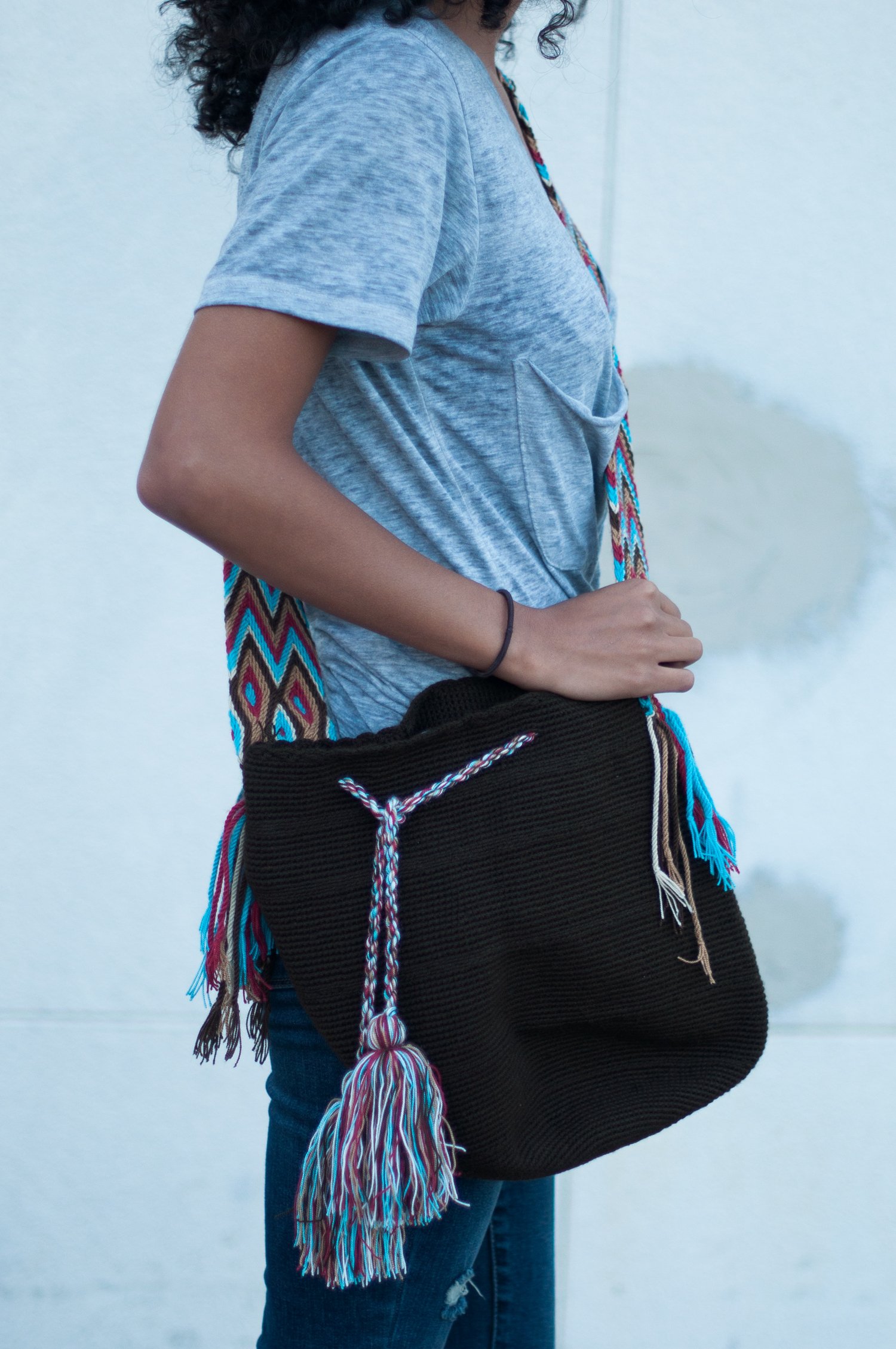Image of Wayuu Mochila (Coffee w/ blue & tan tone strap) 