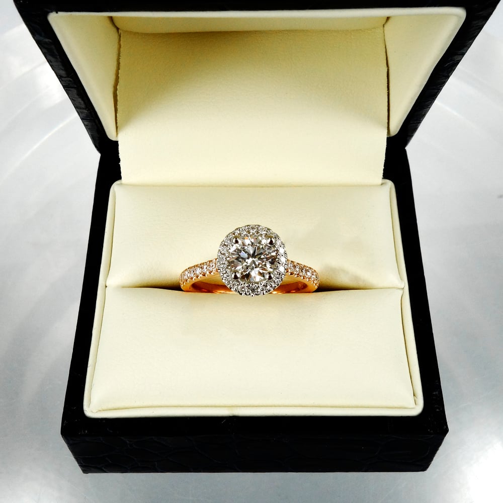 Image of 18ct Rose and White Gold Halo Style Cluster Engagement Ring. 