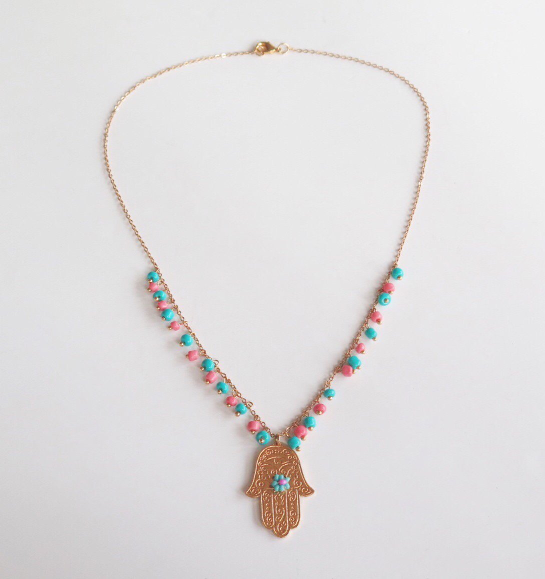 Image of Hamsa Turquoise and Salmon Single Necklace