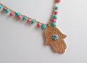 Hamsa Turquoise and Salmon Single Necklace