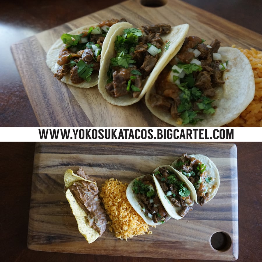 Image of 3 carne asada tacos, rice and beans
