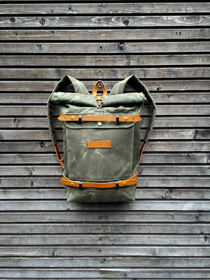 Waxed canvas rucksack backpack with roll up top and waxed canvas