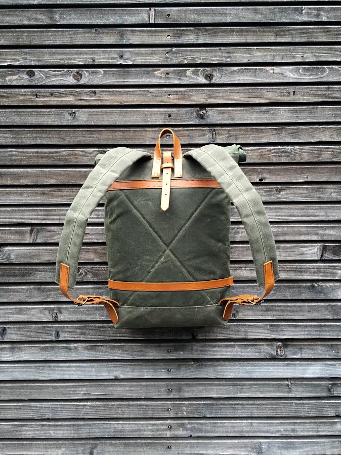 Image of Waxed canvas rucksack/backpack with roll up top and waxed canvas padded shoulderstraps