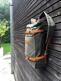 Image 4 of Waxed canvas rucksack/backpack with roll up top and waxed canvas padded shoulderstraps