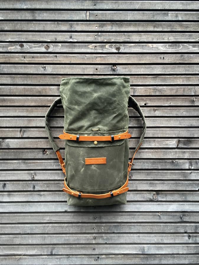 Image of Waxed canvas rucksack/backpack with roll up top and waxed canvas padded shoulderstraps