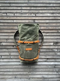 Image 5 of Waxed canvas rucksack/backpack with roll up top and waxed canvas padded shoulderstraps