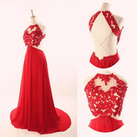 Image 1 of Lovely Red Halter Cross Back Chiffon Long Prom Dresses, Red Prom Dresses, Red Formal Dresses