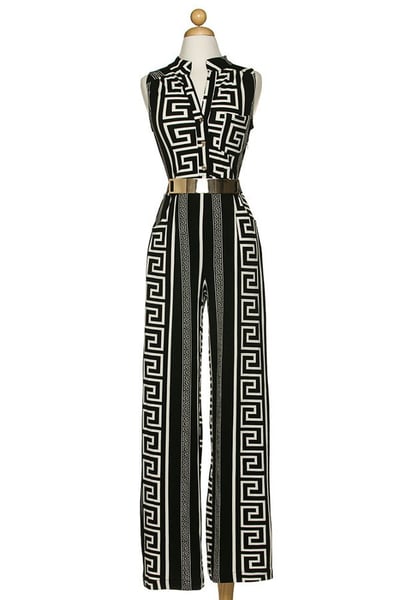 Image of "Vanessa" Black and White Geometric Print Pant Jumpsuit Romper