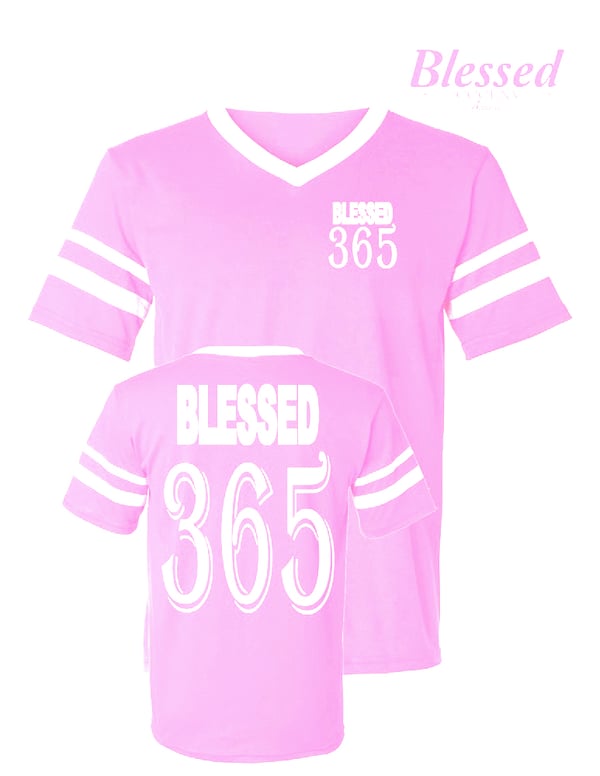 Image of Blessed 365 Striped Sleeve V-Neck - Pink/White