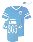 Image 1 of Blessed 365 Striped Sleeve V-Neck - Light Blue/White