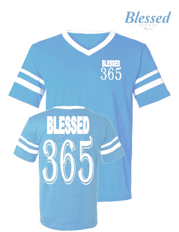 Image of Blessed 365 Striped Sleeve V-Neck - Light Blue/White