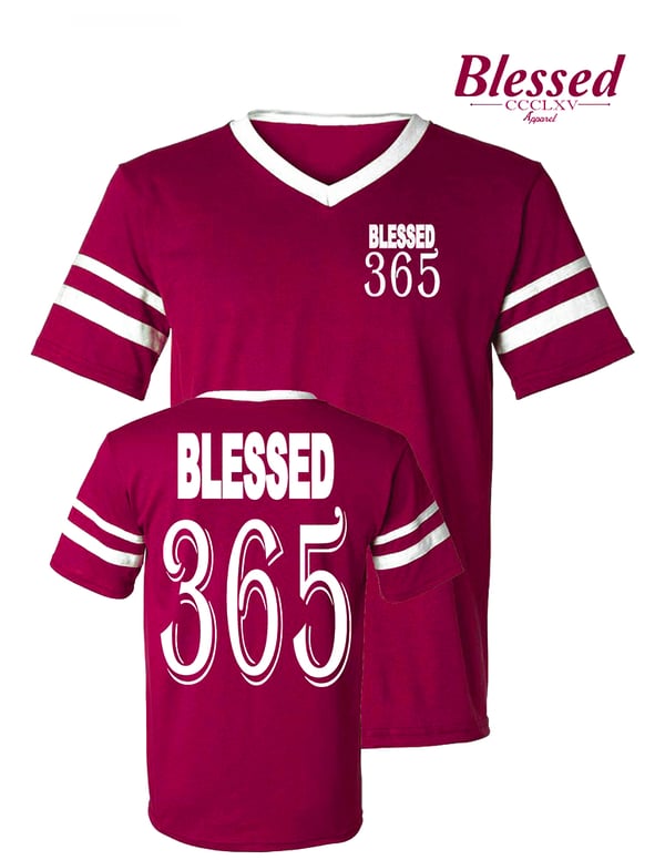 Image of Blessed 365 Striped Sleeve V-Neck - Maroon/White