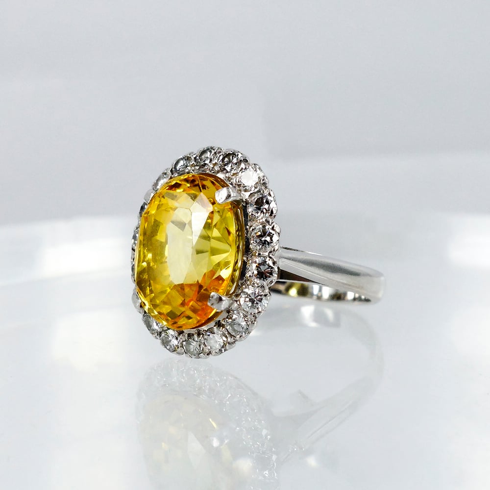 Image of 18ct White Gold Handcrafted Golden Sapphire Oval Cluster Cocktail Ring.