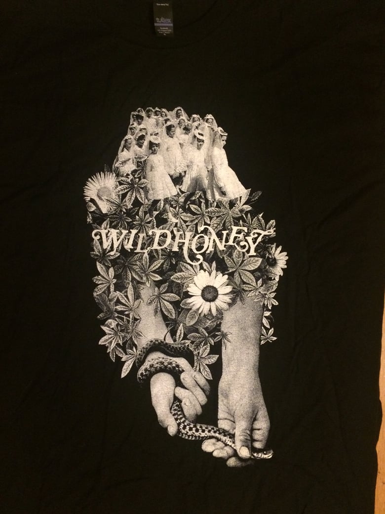 Image of little girls in wedding dresses and weed leaves and sunflowers and someone holding a snake t shirt