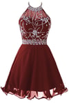 Cute Burgundy Short Chiffon Halter Prom dresses with Beadings, Homecoming Dresses