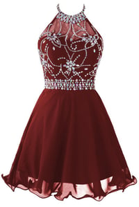 Image 1 of Cute Burgundy Short Chiffon Halter Prom dresses with Beadings, Homecoming Dresses